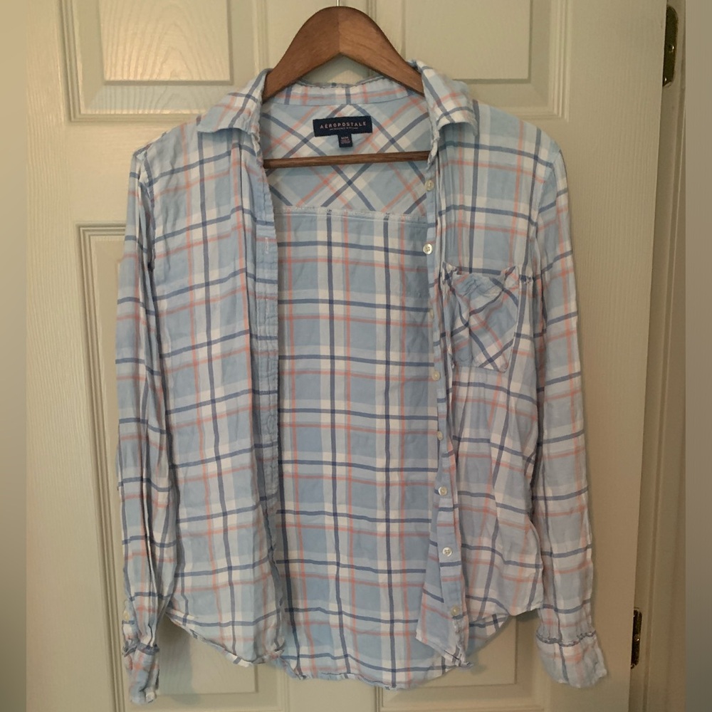 Aeropostale Light Blue and Cream Plaid Shirt